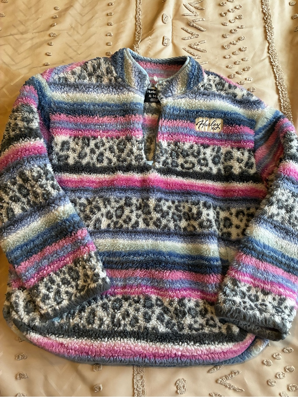 Hurley Pink, Blue & Gray Striped Sherpa Pullover